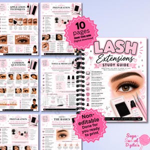May include: A digital study guide for lash extensions featuring ten pages of educational content. The cover displays the text Lash Extensions Study Guide, illustrations of an eye with long lashes, a lash tray, tweezers, and a bottle of lash adhesive.