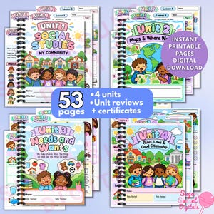 May include: A set of four spiral-bound educational workbooks titled Unit 1 Social Studies, Unit 2 Maps & Where We Live, Unit 3 Needs and Wants, and Unit 4 Rules, Laws & Good Citizenship, featuring colourful illustrations of children and 53 pages total.