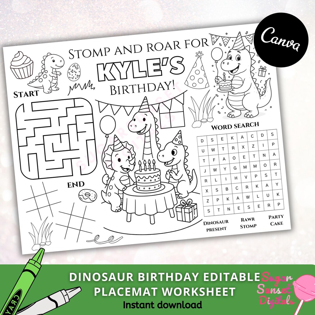Dinosaur Birthday Colouring Placemat Editable Party Activity for Kids ...