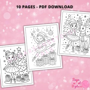 May include: Three black and white coloring pages featuring ballerinas with Christmas themes. One ballerina is leaping, another is standing by a Christmas tree, and the third is with a reindeer. The text "10 PAGES - PDF DOWNLOAD" is at the top.