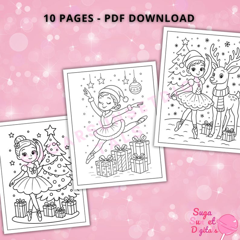 May include: Three black and white coloring pages featuring ballerinas with Christmas themes. One ballerina is leaping, another is standing by a Christmas tree, and the third is with a reindeer. The text "10 PAGES - PDF DOWNLOAD" is at the top.