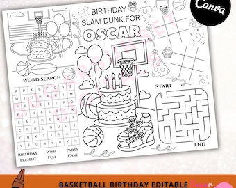 Basketball Birthday Coloring Placemat Kids Party Activity Printable Sports Coloring Table Mat