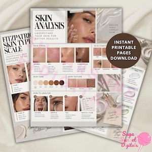 Puede incluir: Un conjunto de páginas imprimibles de análisis de piel con el texto Skin Analysis, Fitzpatrick Skin Type Scale e Instant Printable Pages Download. Las páginas incluyen diagramas de tipos, tonos, texturas de piel y pasos de análisis.