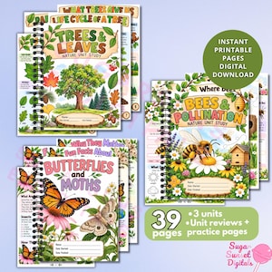 Pode incluir: Três cadernos de estudo sobre a natureza com encadernação em espiral intitulados Trees & Leaves, Bees & Pollination e Butterflies and Moths. Cada capa apresenta ilustrações coloridas de plantas e animais com espaços para nome e datas.