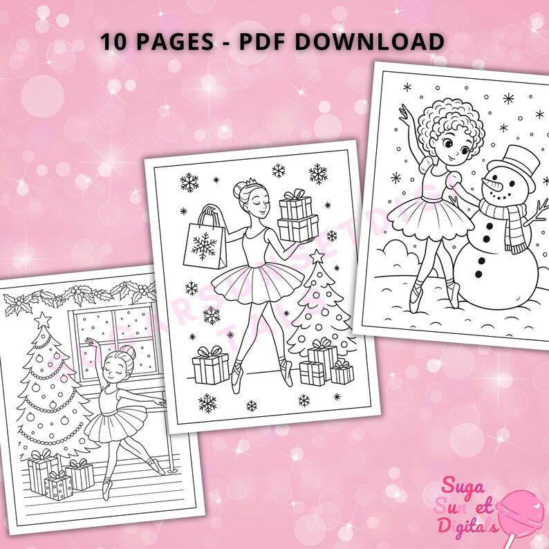 May include: Three black and white coloring pages featuring ballerinas with holiday themes. One ballerina holds a shopping bag, another is near a Christmas tree, and the third is with a snowman. The text "10 PAGES - PDF DOWNLOAD" is at the top.