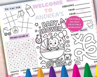 Editable Baby Shower Coloring Placemat Personalized Worksheet Activity