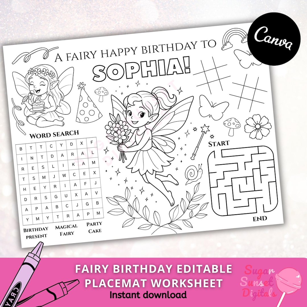 Editable Fairy Birthday Colouring Placemat Magical Party Activity for ...