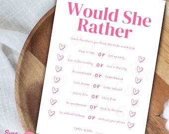 Bridal Shower Game: Would She Rather Printable (Digital Download Template 5x7" )