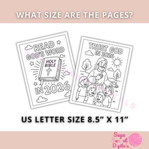 May include: Two black and white coloring pages with religious themes. One page reads "Read God's Word in 2026" with a Bible illustration. The other says "Trust God in 2026" with a Jesus and children illustration. The pages are US Letter size, 8.5 x 11 inches.