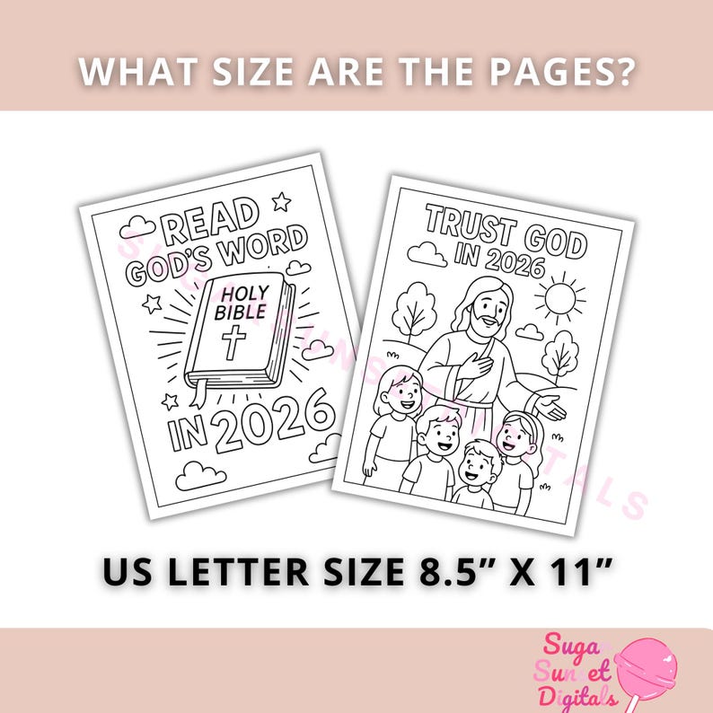 May include: Two black and white coloring pages with religious themes. One page reads "Read God's Word in 2026" with a Bible illustration. The other says "Trust God in 2026" with a Jesus and children illustration. The pages are US Letter size, 8.5 x 11 inches.