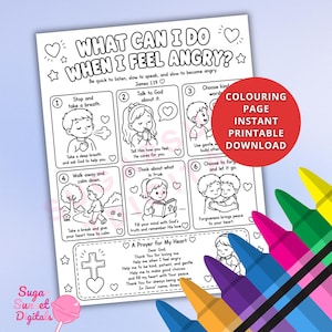 Può includere: Una pagina da colorare stampabile in bianco e nero intitolata What Can I Do When I Feel Angry? con sei riquadri numerati che illustrano bambini e una preghiera in fondo. La pagina include testo sulla gestione delle emozioni e la fede.