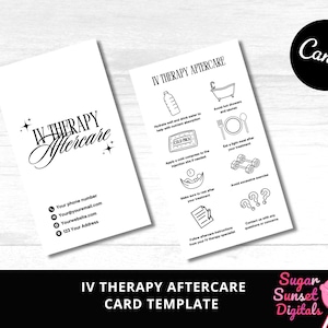 May include: Two white IV Therapy Aftercare card templates. One card features the title and contact information. The other card has aftercare instructions with icons. The Canva logo is in the upper right corner.