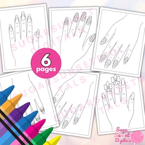 May include: Six pages of nail art designs are displayed, each featuring a hand with different nail art patterns. A pink circle with the number "6" and the word "pages" is in the center. Crayons in various colors are in the lower left corner.