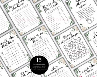 Green Floral Bridal Shower Game Bundle: Editable Printable Games (Digital Download)