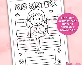 Big Sister Coloring Page Printable Fillable Coloring Sheet Birthday or Gift Activity Instant Download