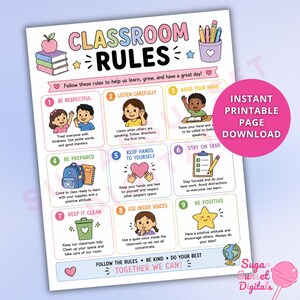 Könnte beinhalten: Ein Klassenzimmer-Regelposter mit neun nummerierten Abschnitten, Illustrationen und Text. Die Überschrift lautet CLASSROOM RULES. Jeder Abschnitt enthält Anweisungen wie BE RESPECTFUL, LISTEN CAREFULLY und BE POSITIVE, begleitet von farbenfrohen Symbolen.