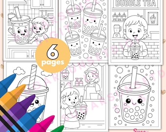 Páginas para colorear de té de burbujas: 6 dibujos kawaii de bebidas Boba (descarga instantánea)