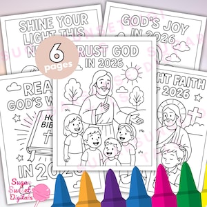 May include: A set of six coloring pages with religious themes. Each page features line art illustrations and text, including phrases like "Trust God in 2026" and "Shine Your Light This." The pages are designed for coloring.