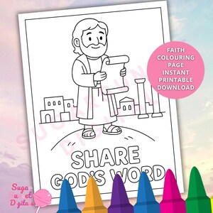 May include: Black and white coloring page featuring a cartoon figure holding a scroll, with the text "SHARE GOD'S WORD." The image includes buildings and the words "FAITH COLOURING PAGE INSTANT PRINTABLE DOWNLOAD."