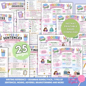 以下が含まれることがあります： 文法やライティングの参考ガイドが記載された、印刷可能な25枚の教育用ページ集。各シートには、本、鉛筆、キャラクターのカラフルなイラストが描かれており、「Brainstorming Organizer」、「Pronouns」、「Nouns」、「Conjunctions」といった見出しが付いています。