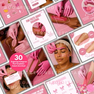 May include: A set of pink and white Instagram post templates for sugaring treatments. The templates feature graphics, text, and images illustrating the sugaring process. Text includes "Fun Facts About Sugaring" and "30 Sugaring Instagram Post Templates Instant download".