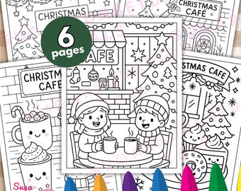 Puede incluir: Un conjunto de seis páginas para colorear con temática navideña. Las ilustraciones muestran un café navideño, árboles de Navidad y niños bebiendo bebidas calientes. El texto incluye "Christmas Cafe" y "6 páginas".