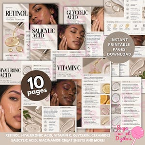 May include: A set of ten digital skincare educational cheat sheets featuring information on ingredients like Retinol, Glycolic Acid, Salicylic Acid, Hyaluronic Acid, and Vitamin C, including text, ingredient benefits, and usage instructions.
