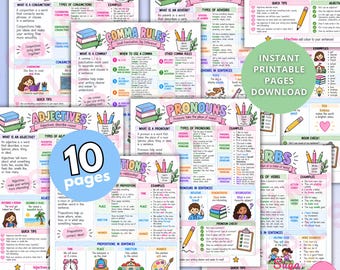 May include: A collection of ten educational printable pages featuring colorful charts on English grammar, including conjunctions, adverbs, comma rules, pronouns, adjectives, verbs, and prepositions, with illustrated icons of books, pencils, and children.
