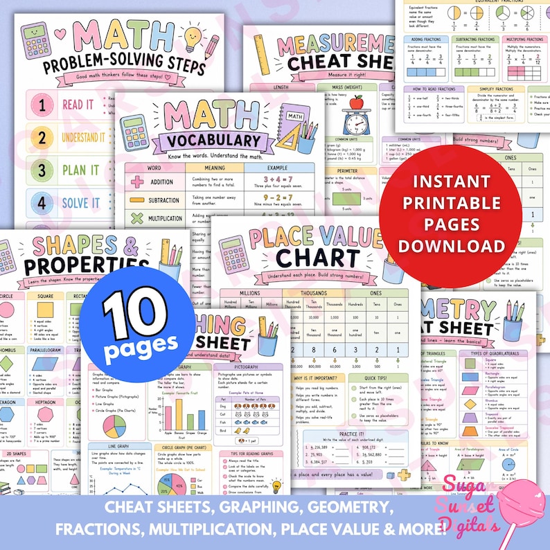 May include: A collection of ten educational math printable pages featuring pastel-colored charts, cheat sheets, and diagrams. Topics include problem-solving steps, math vocabulary, place value, geometry, fractions, shapes, and graphing techniques.