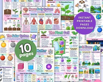 May include: A collection of ten educational printable pages featuring colorful diagrams and text about science topics including the solar system, plant cells, human body systems, photosynthesis, matter, and ecosystems with clear labels and illustrations.