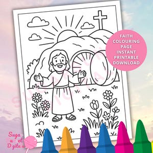 May include: Black and white line art coloring page featuring a religious scene with a figure, a tomb, and a cross. The image includes the text "FAITH COLOURING PAGE INSTANT PRINTABLE DOWNLOAD". Crayons are visible at the bottom.
