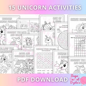 Könnte beinhalten: Eine Sammlung von 15 Einhorn-Aktivitätsseiten, darunter Malvorlagen, Punkt-zu-Punkt-Spiele und Wortsuchrätsel. Die Seiten zeigen verschiedene Einhorn-Illustrationen und Sätze wie "Unicorn Friends Forever" und "Shine Bright!". Der Text "PDF DOWNLOAD" ist ebenfalls sichtbar.