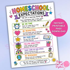May include: A colorful educational poster titled HOMESCHOOL EXPECTATIONS with six rules including BE ON TIME, BE RESPECTFUL, DO YOUR BEST, FOLLOW DIRECTIONS, TAKE CARE OF OUR SPACE, and BE RESPONSIBLE, featuring cartoon icons like a clock, heart, and globe.
