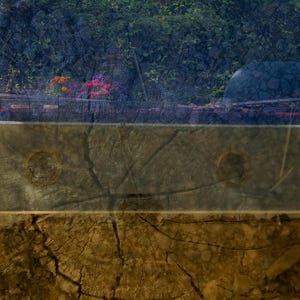 May include: Abstract image with a layered composition. The top layer shows a blurred view of a green landscape with colourful flowers. Below, a textured, weathered surface in shades of grey and brown dominates the foreground.
