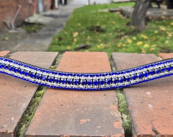 Tête De Bride Cristal 3 Rangs Pour Cheval - Bleu Marine, Blanc Ou Noir - Taille Unique