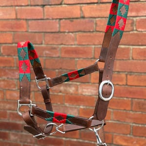 Handmade Brown Leather Horse Halter Red and Green colour