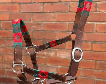 Handmade Brown Leather Horse Halter Red and Green colour