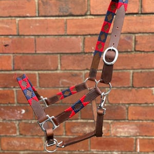 Handmade Brown Leather Horse Halter navy and red colour