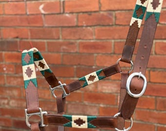 May include: A brown leather horse halter with decorative woven fabric in green, cream, and brown. The halter features silver-colored metal hardware, including rings and buckles. The background is a red brick wall.
