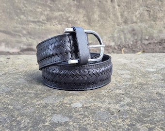 Handcrafted Unisex Black Braided Leather Belt with Silver Buckle