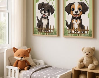 Happy Dogs Nursery Art Prints: Playful Puppy Illustrations (PDF Download A4 Set of 5 )