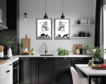 May include: A modern kitchen with black and white cabinetry, featuring two framed horse art prints. The kitchen includes a white countertop, a black faucet, and a dining table with a white top and black legs. Decorative plants and lighting fixtures complete the space.
