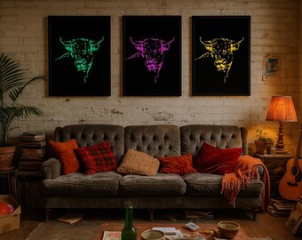 Neon, Red/Black Bull Head Prints: Modern Wall Art, Set of 6 (PDF Download