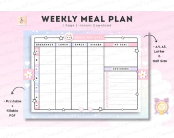 Weekly Meal Planner Printable with Groceries List – Menu Plan for Breakfast Lunch Snack Dinner | Cute Food Prep PDF | Simple and cute design