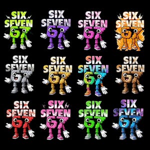 Puede incluir: Un fondo negro presenta una cuadrícula de doce ilustraciones coloridas. Cada ilustración representa los números "67" como un personaje de dibujos animados con brazos, piernas y una cara sonriente. La palabra "SIX" está encima del número, y "SEVEN" debajo.