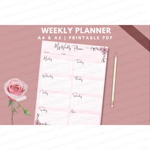 Puede incluir: Un planificador semanal rosa con el texto "WEEKLY PLANNER" y "A4 & A5 | PRINTABLE PDF". El planificador tiene secciones para cada día de la semana, con detalles florales y un lápiz.