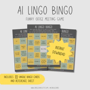 Puede incluir: Tarjetas de juego de bingo AI Lingo con una estrella amarilla que dice "Descarga instantánea". Las tarjetas tienen una cuadrícula de frases como "Tech Debt" y "Latency Concerns". Incluye 10 tarjetas de bingo únicas y una hoja de referencia.
