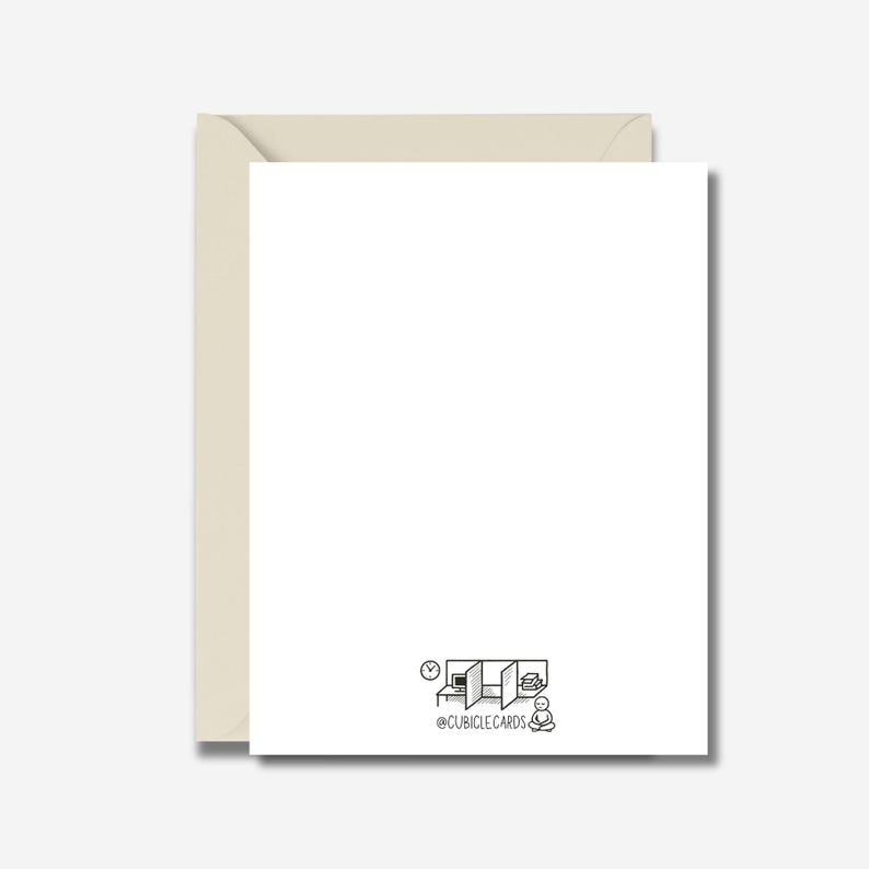 May include: A blank white greeting card with a light beige envelope. The card features a small black and white illustration of a cubicle scene with a clock, computer, and person. The text "@CUBICLECARDS" is below the illustration.