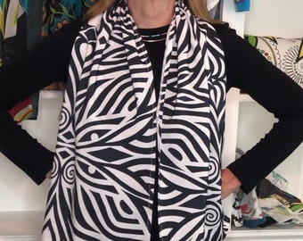 Modern Zebra Black and White Scarf, Original Design, One of A Kind!