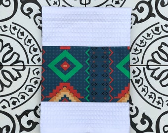 Southwest Design! Orange Red, Blue, Gold, Green and Orange Hand Towel for Your Favorite Cook. Matching Note Card Too!